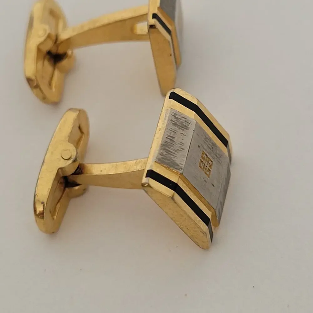 Givenchy G French Tie Bar Clip Cufflinks Set Gold Silver Tone Logo Geometric‎